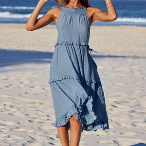 Cupshe Slate Smocked & Ruffled High Neck Maxi Dress - Size XL